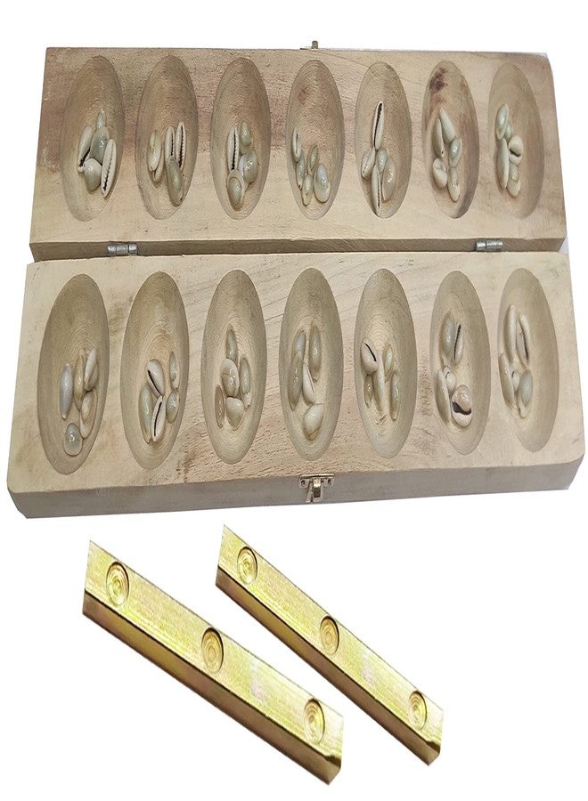 Sri Balajee Bangles Wooden Pallanguzhi 14 Pit Board Game with 70 Cowrie Shells and Dayakattai Dice - 2 Players, Ages 6+ - Image 1